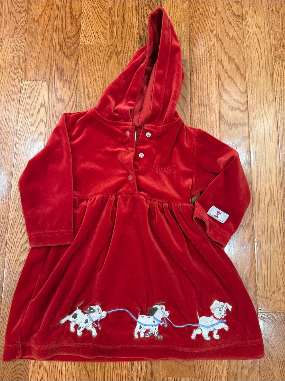 Vintage Disney Store Red Hooded Velvet Dress with 101 Dalmatians Embroidery